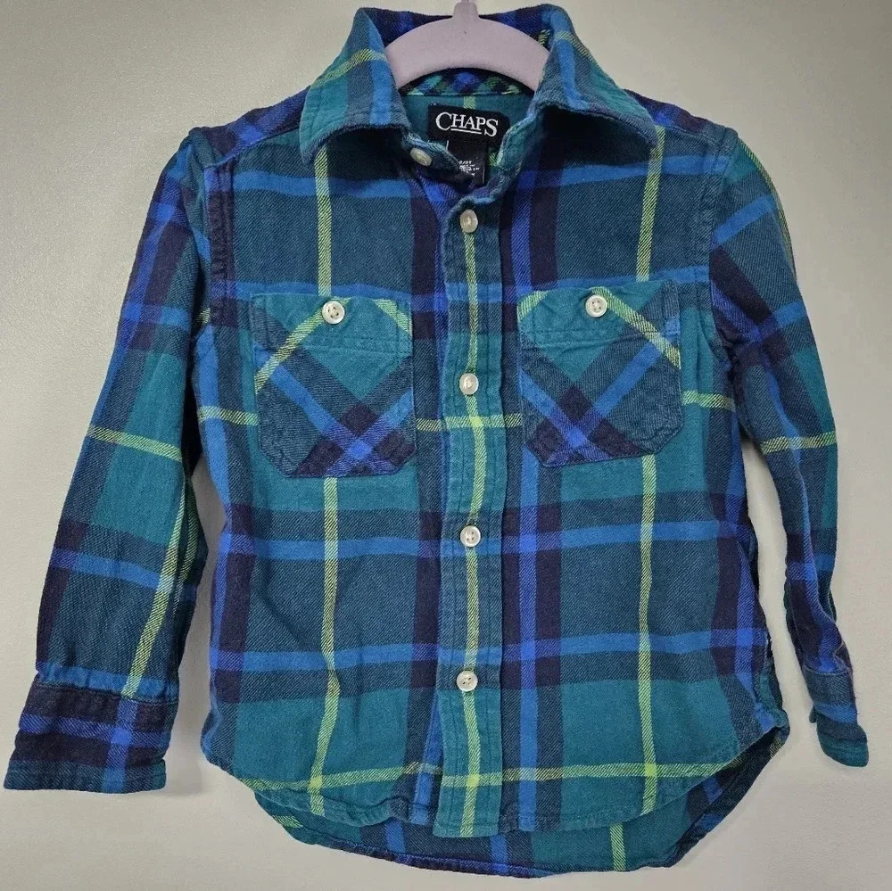 Chaps‎ Boys Blue Green Plaid Flannel Button Down Shirt 2T